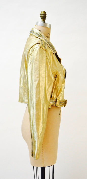 Amazing Vintage Gold Leather Biker Jacket with Rhinestones Gold Studs Large XL// Metallic Studded Gold Leather Moto Jacket LA ROXX