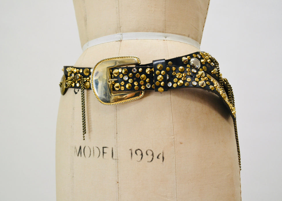 80s Vintage Black Gold Studded Rhinestone belt by Michael Morrison Black Leather Gold fringe Metallic Belt Rockstar Belt Medium large