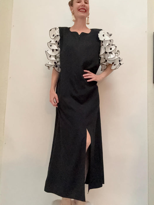 80s 90s Victor Costa Hostess Dress With Polka Dot Ruffle Sleeves// Vintage  Black Maxi Long House Dress Black White Polka Dot Medium Large