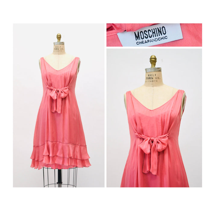 2000s Y2K Vintage Pink Silk Ruffle Chiffon Dress With Moschino Cheap & Chic made in Italy Small Medium Black Moschino