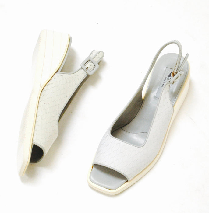 Vintage White Grey Leather Sandals slides Slip on Heels Shoes 6 1/2 Burno Magli Made in Italy// White Leather Sling Backs Wedge shoes 6 1/2