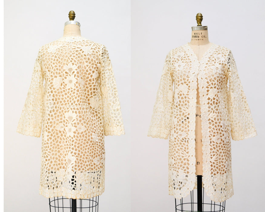 Vintage Cream Off White Cotton Eyelet lace Jacket Duster Cream Lace Jacket Beach Cover up Small Medium Lace Beach Wedding Jacket Rustans