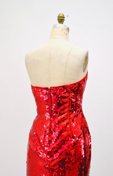 80s Prom Dress Red Sequins Small Medium// Vintage 80s Pageant Dress Red Sequin Strapless Dress 80s Metallic Prom Party Red Sequin Dress