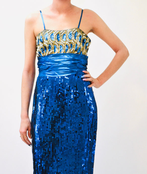 Vintage 80s Prom Dress Blue Sequin Metallic Gown Small// 80s Party Blue Metallic Sequin Beaded Pageant Dress Small Medium Alyce Designs