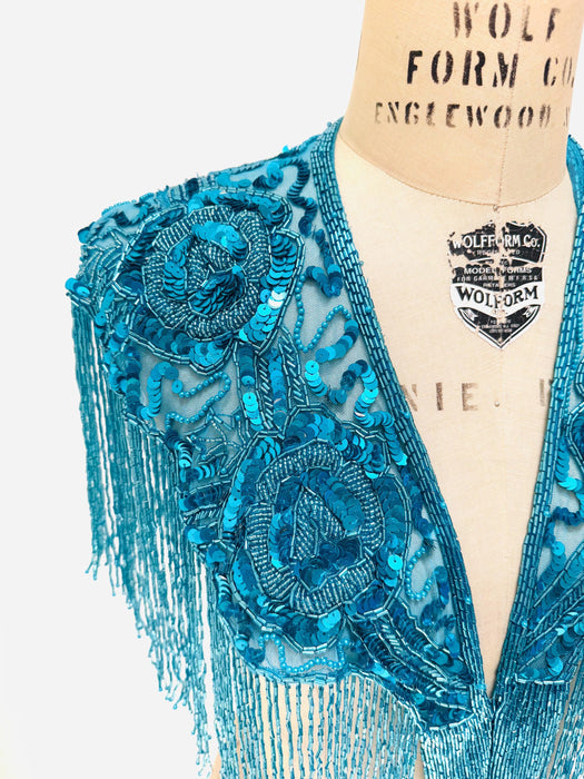 90s Vintage Turquoise Blue Beaded Fringe Shawl Wrap Burlesque Wedding Flapper Blue Metallic Beaded Vintage Fringe Collar Showgirl