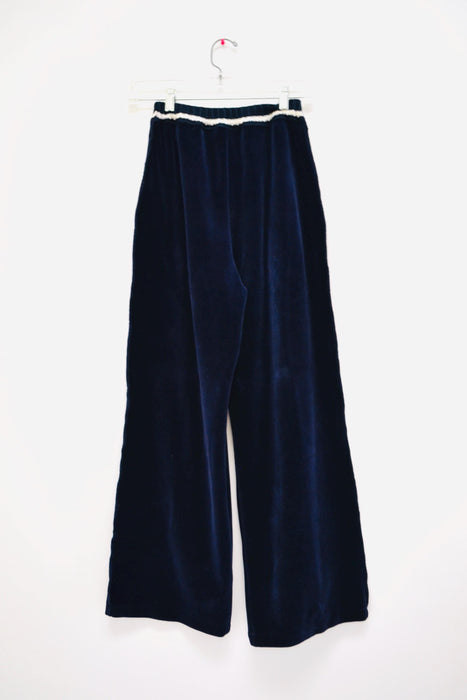 Vintage 90s Sonia Rykiel Navy Blue Velvet Velour Track Suit Nautical Beach Loungewear Sweat Shirt Sweatsuit Wide leg Pants Made in Paris