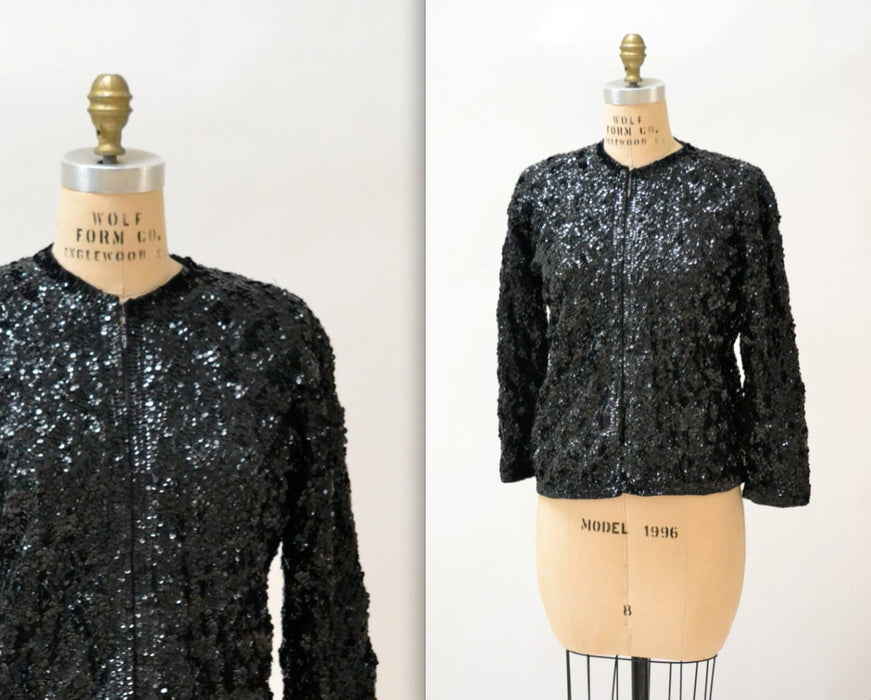 50s Vintage Black Sequin Jacket Sweater Cardigan Small Medium // Glam Vintage Black Sequin Party Jacket Cardigan Sweater Small Medium