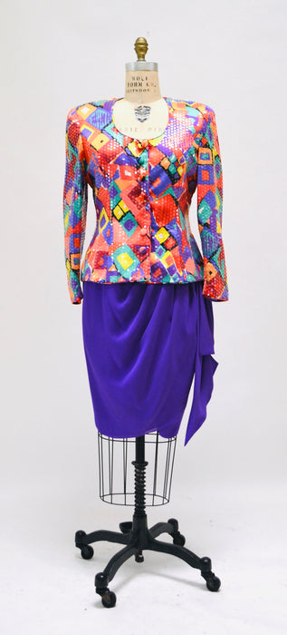80s 90s Vintage Sequin Jacket Suit and Skirt By Lillie Rubin Abstract Rainbow Print Sequin Suit Medium large 80s Power Suit Sequin Jacket
