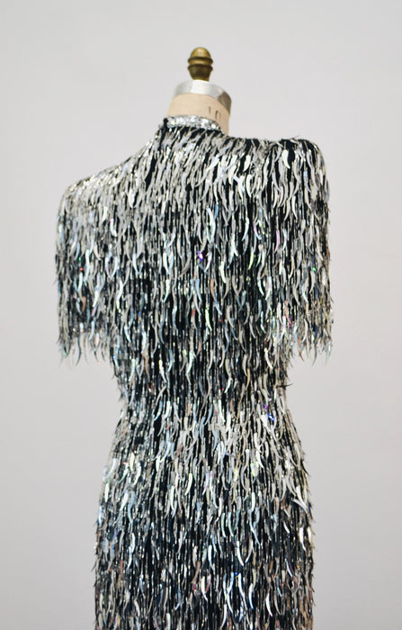 80s 90s Vintage Silver Beaded Fringe Dress Vintage Gold Metallic Dress Small Medium// Beaded Fringe Dress Flapper Cher Dress 80s Glam