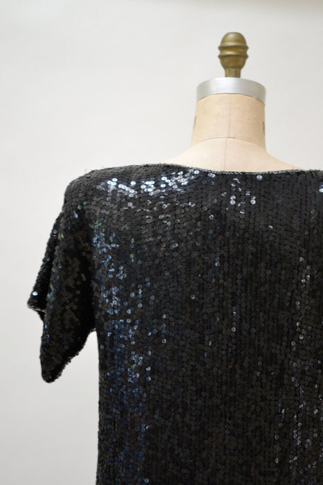 Vintage Black Sequin Top Shirt Black Silver Small Art Deco Flapper Inspired// Vintage Metallic Sequin Shirt Top Silver Black Small