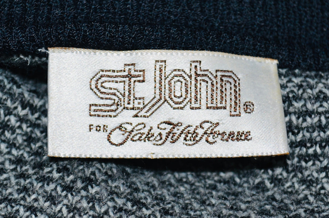 80s Vintage St. John Black Gray Sweater Pull OVer Cashmere Wool Sweater Jumper Floral Jacquard Medium 8 St John Vintage Mock Neck Sweater