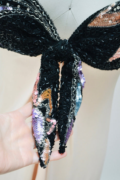 80s 90s Vintage Silk Sequin Gown Dress XXS XS By Bob Mackie Silk// Vintage Wedding Silk Pink Peach Black Gown Sequin Strapless Silk Dress