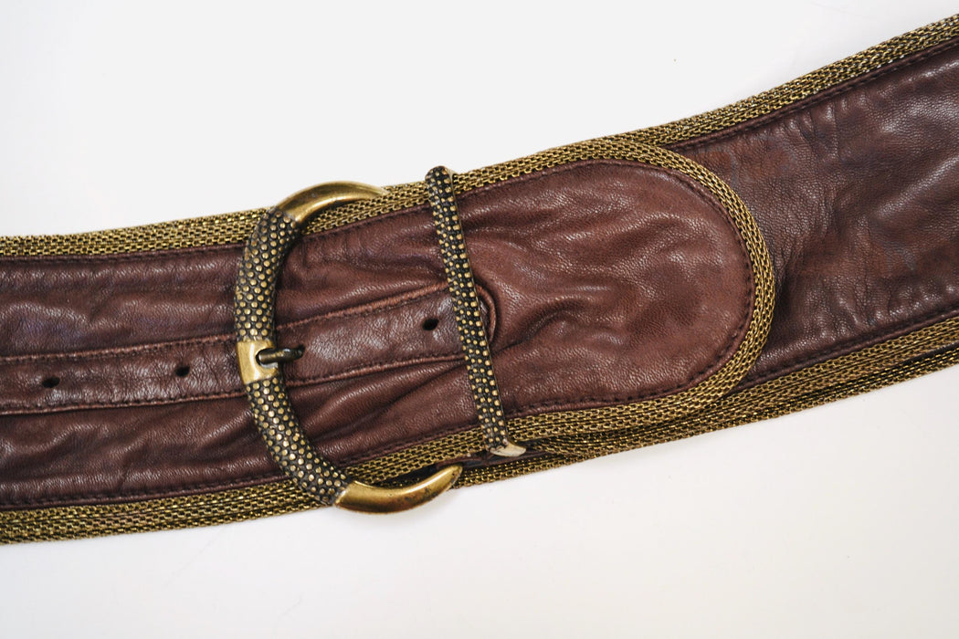 90s Y2K Vintage Large Brown Leather Belt Bronze Gold Wide Brown Leather Belt Boho Wedding Wide Brown Leather Belt Small Medium Made in Italy