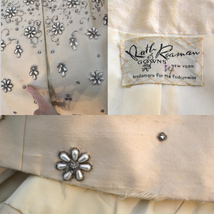 60s Vintage Cream Silver Pearl Beaded Wedding Party Jacket Medium 60s Wedding Opera Evening Jacket Coat White Cream Beaded Jacket Ruth Roman