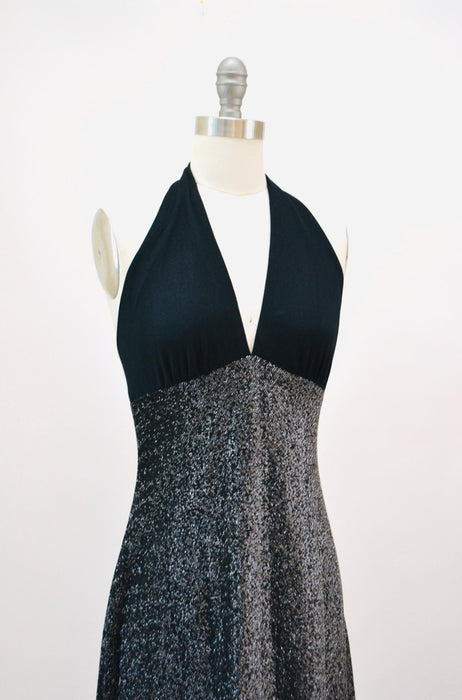 1970s Vintage Black Maxi Dress 70s Metallic Black Silver Party Disco Dress Black Halter Neck Prom Dress Black Long Maxi Dress XS Small