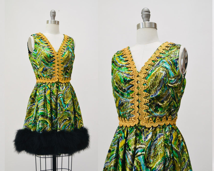 60s 70s Vintage Metallic Green Party Cocktail Dress XXS XS Green Blue Gold Dress with Marabou Feathers 60s Disco Party Dress Green Metallic