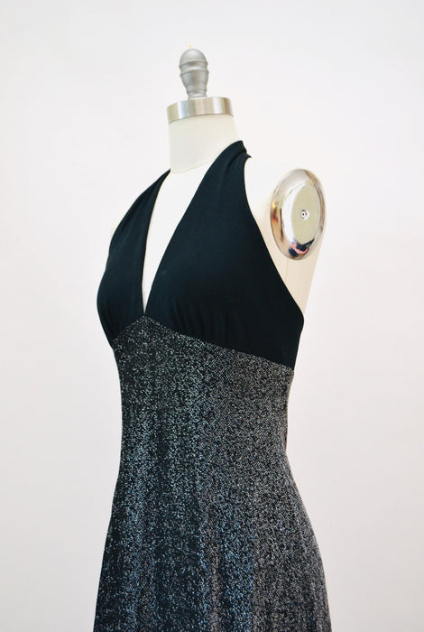 1970s Vintage Black Maxi Dress 70s Metallic Black Silver Party Disco Dress Black Halter Neck Prom Dress Black Long Maxi Dress XS Small