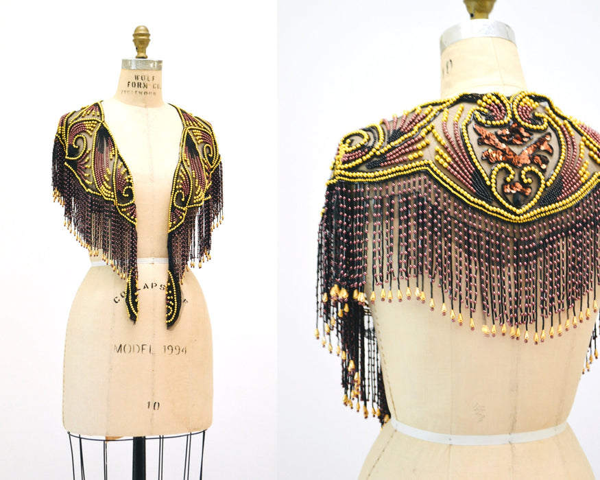 Vintage Gold Black Beaded Rhinestone Shawl Wrap Burlesque Wedding Flapper Gold Metallic Beaded Vintage Fringe Collar Shawl GOld Flapper
