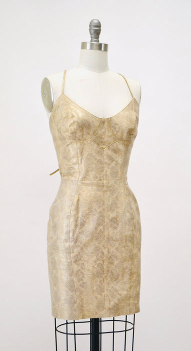 Stunning 90s 20002 y2k Leather Dress Gold Tan Lace Up leather Dress XS Small  Michael Hoban North Beach// Leather Body Con Dress Short Dress