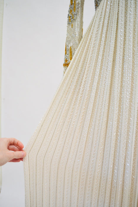 80s 90s Vintage Silver Gold White Cream Beaded Gown Dress Small Medium Bob Mackie Silk// Vintage Wedding Gown Beaded Art Deco Gown Small