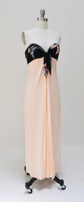 80s 90s Vintage Silk Sequin Gown Dress XXS XS By Bob Mackie Silk// Vintage Wedding Silk Pink Peach Black Gown Sequin Strapless Silk Dress