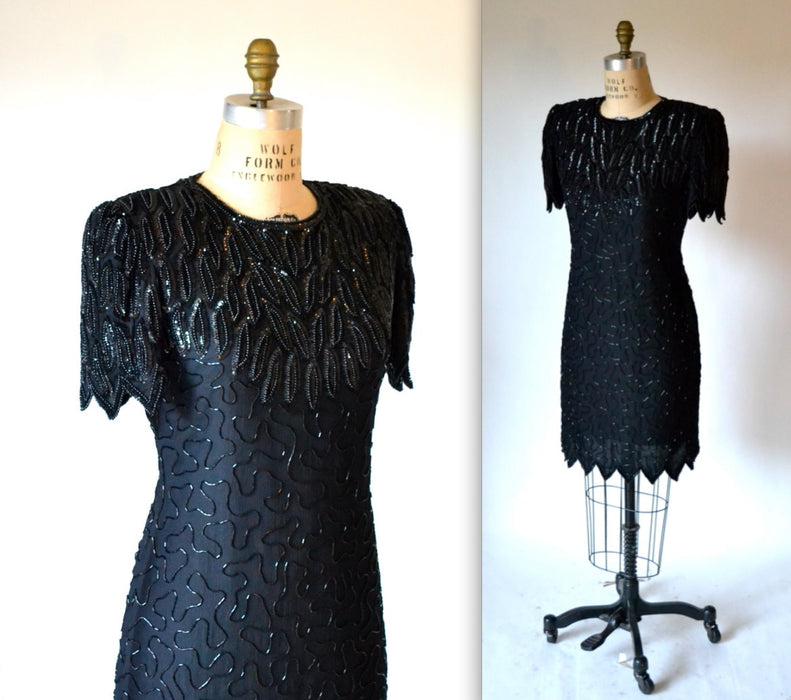 90s Vintage Black Beaded Sequin Dress Size Medium 90s Party Dress in Black Medium Laurence Kazar Art Deco 20s Flapper Inspired