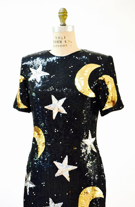 Vintage Sequin Dress Black Star Moon Medium Large By Modi// 90s Vintage Beaded Metallic Dress Stars Moons Pop Art Astrology Dress