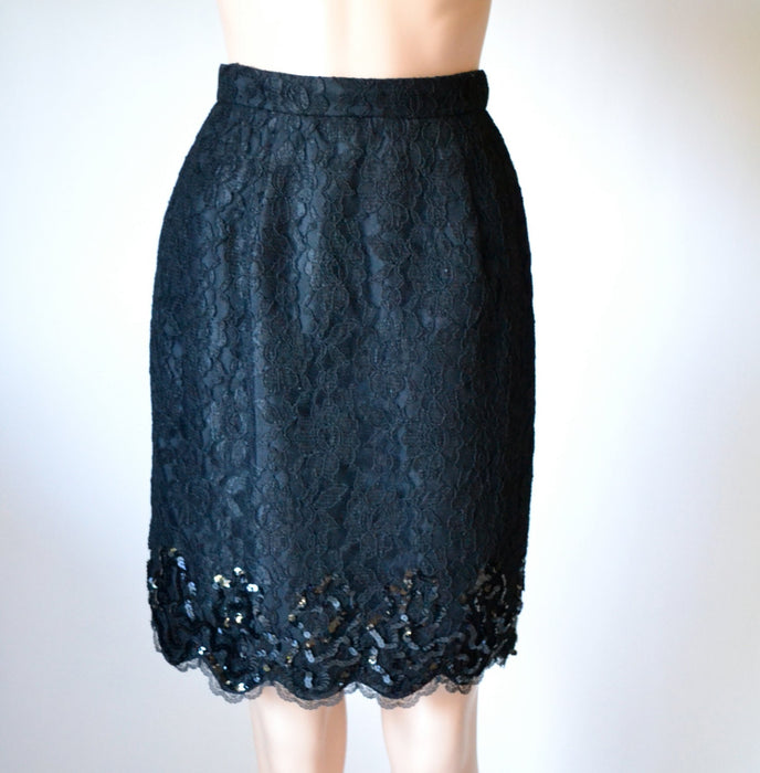 Vintage Black Lace Skirt with Sequins size Small // Balck Sequin Skirt Size Small by Lillie Rubin