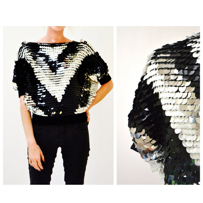 Vintage Black Sequin Shirt Black White Silver Small Dolman Batwing Sleeves 80s 90s Disco// Vintage Black Metallic Sequin Top Large Sequins