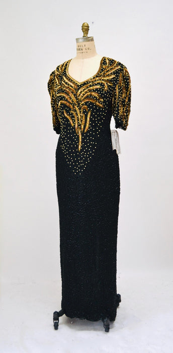 70s 80s GLAM Vintage Black Gold Beaded Sequin Evening Gown Small Medium // 80s 90s Pageant Drag Queen Black beaded Dress Gown Medium