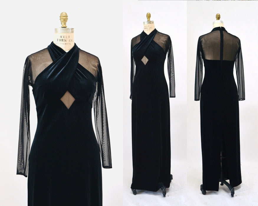 90s Vintage Black Velvet Prom Dress Illusion Dress Medium// Black Body Con 90s Prom Dress Bondage Dress Medium Sheer Sleeve long Black Dress