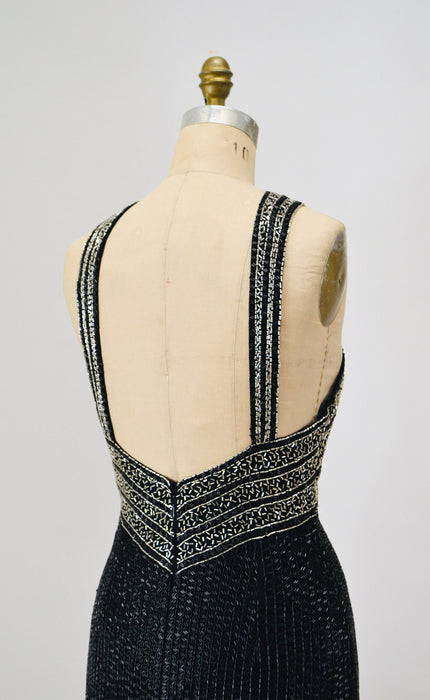 90s Vintage Black Silver Beaded Fringe Showgirl Dress Small Medium // 90s Black Silver Beaded Tank Dress Party Fringe Dress Flapper Dress