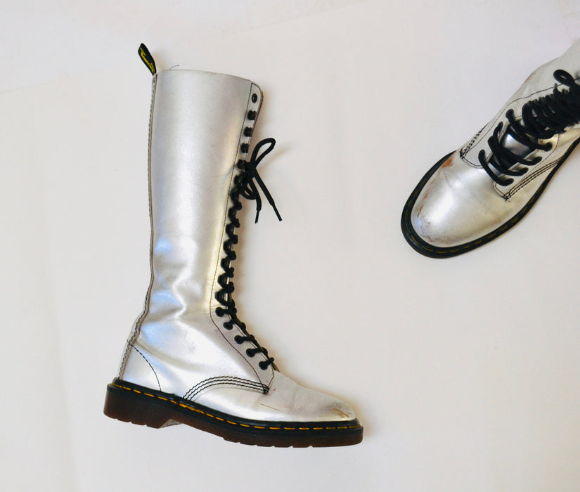 90s Dr. Martens Boots Women Size 6 Metallic Silver Boots Lace up knee high Boots// Vintage Doc Marten Silver Boots Size 5 UK Made in England