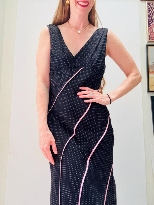 Vintage 00s Y2K Bias Cut Silk Dress Black Pink Dress polka dot Chiffon Tank Dress Medium Large// 90s Black Tank Slip Party Dress Medium