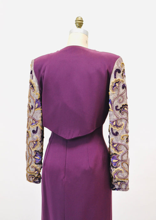 90s Vintage Silk Beaded Sequin Metallic Jacket and Strapless Dress by Raoul Arango Purple Wine Cocktail Dress Sequin Bolero Jacket Medium