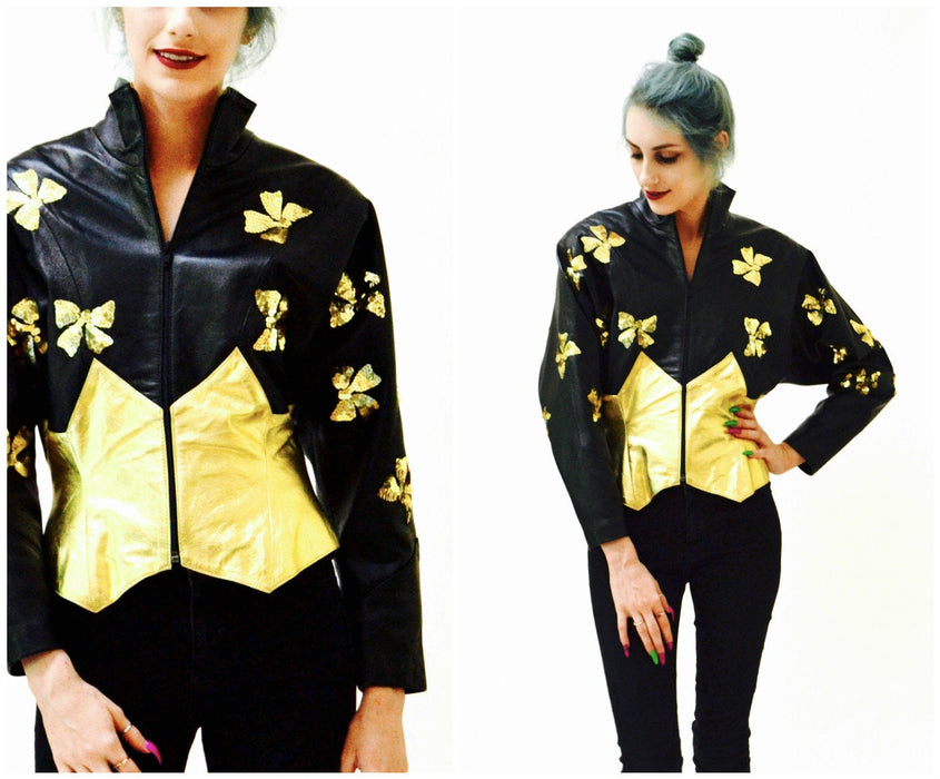 Vintage Sequin Leather Jacket Black and Gold Metallic Sequin Jacket Bows 80s Glam Leather Jacket by Lillie Rubin Size Small Medium