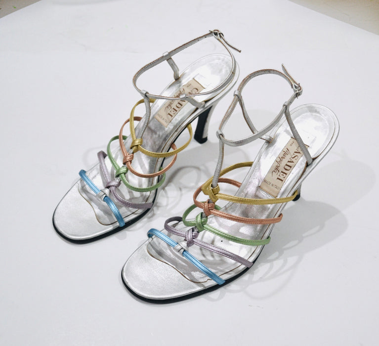 Vintage 80s 90s Silver Metallic High Heel Sandals Size 9  1/2 Casadei Metallic Silver Pastel Leather Strap High Heel Sandals Wedding Shoes