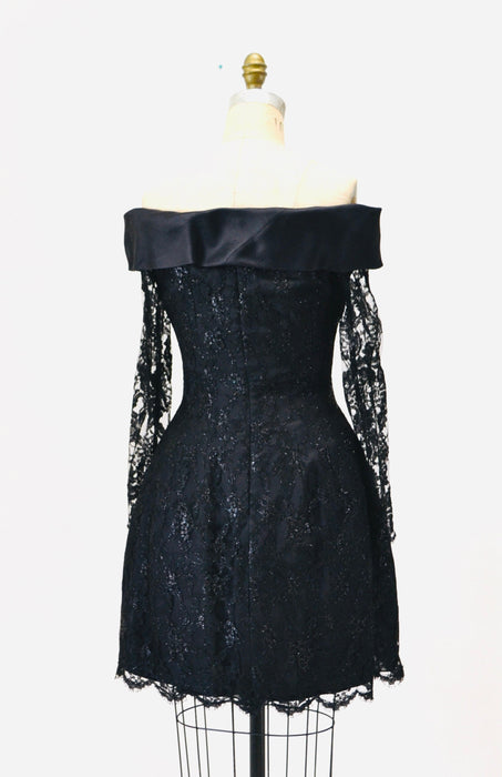 90s 00s Vintage Black Lace Dress off the shoulder Dress by Liancarlo// Black lace Dress XS Small Neiman Marcus