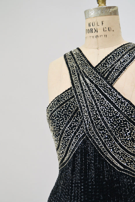 90s Vintage Black Silver Beaded Fringe Showgirl Dress Small Medium // 90s Black Silver Beaded Tank Dress Party Fringe Dress Flapper Dress
