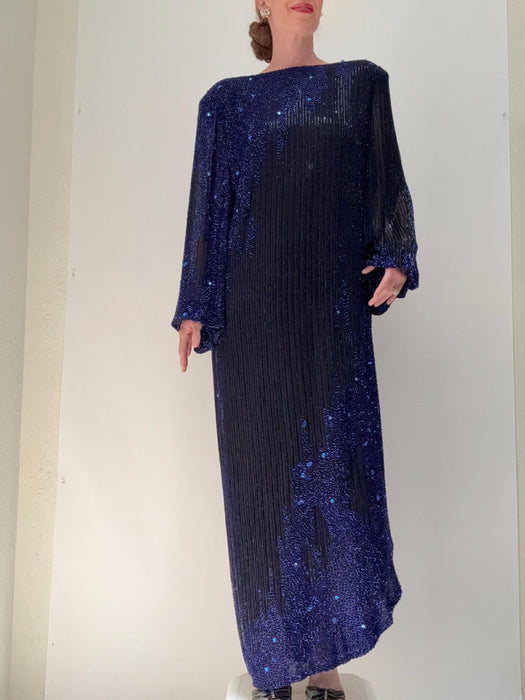 80s 90s Vintage Beaded Sequin Gown Dress Medium Large By Bob Mackie Blue Black Rhinestones Long Sleeve Blue Beaded Conservative Draped Gown