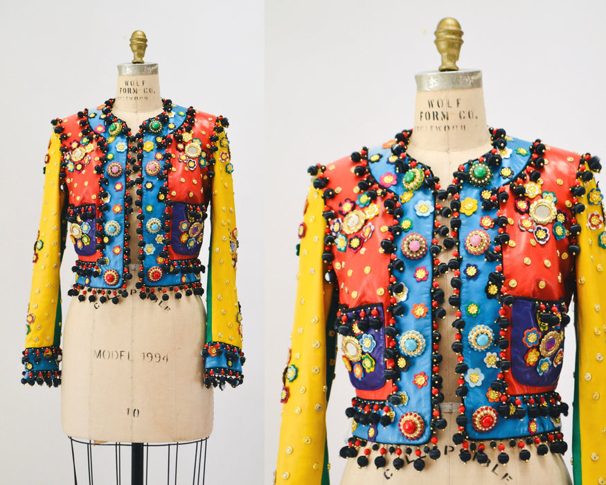Vintage 90s Moschino Leather Jacket Gold Metallic 1991 Spring Summer Moschino Studded Leather Jacket Red Blue Green Yellow Made in ITaly