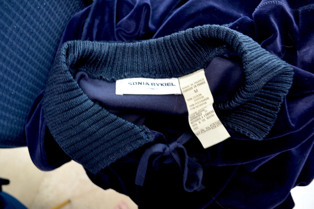 Vintage 90s Sonia Rykiel Navy Blue Velvet Velour Track Suit Nautical Beach Loungewear Sweat Shirt Sweatsuit Wide leg Pants Made in Paris