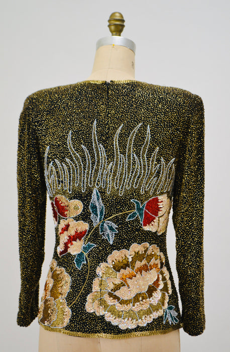 80s 90s Vintage Beaded Shirt Top Gold Floral Sequin Top Flowers// Vintage Beaded Party Top Flower Sequins Christmas Xmas New Years Party Top