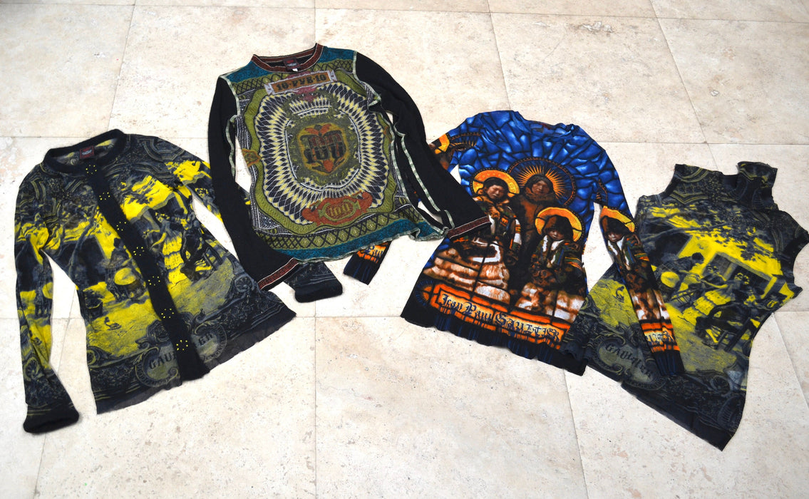 00s Jean Paul Gaultier Mesh Shirt long sleeve Spanish Black Yellow Cardigan Mesh Sheer Shirt Pop Art Fashion Party top Jean Paul Gaultier