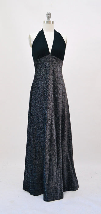 1970s Vintage Black Maxi Dress 70s Metallic Black Silver Party Disco Dress Black Halter Neck Prom Dress Black Long Maxi Dress XS Small