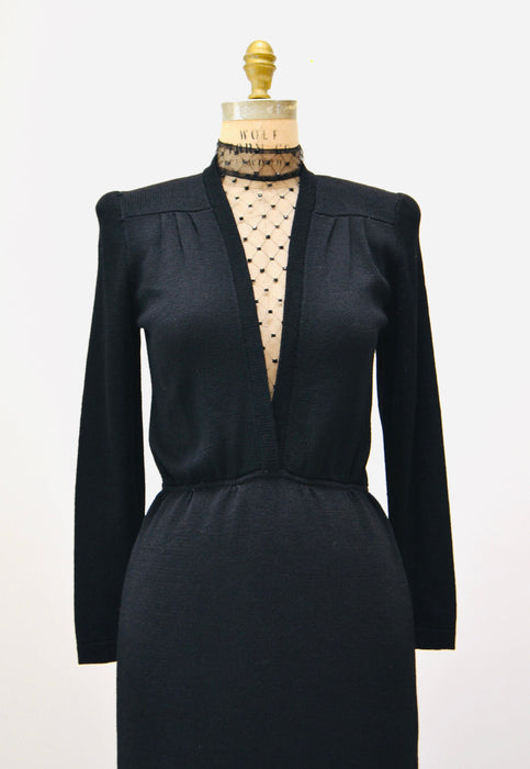 80s Vintage St John Dress Black Knit Dress By St John Rhinestone Mesh Knit Long Sleeve Dress // 80s Black Sweater Knit Party Dress XS Small