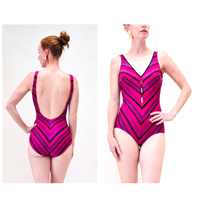 Vintage 70s 80s Swimsuit One Piece Bathing Suit Swim Suit Medium Large Purple Pink Striped Cole of California Striped Swimsuit