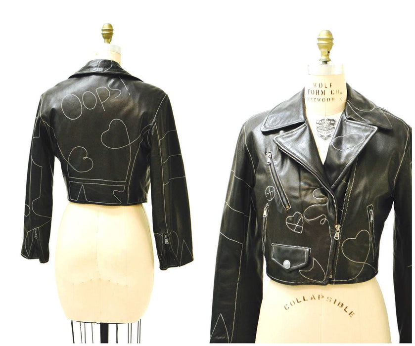Vintage Black Leather Motorcycle Jacket by Moschino Leather Oops Heart Made in Italy// 90s Black Leather Jacket Biker Medium Large