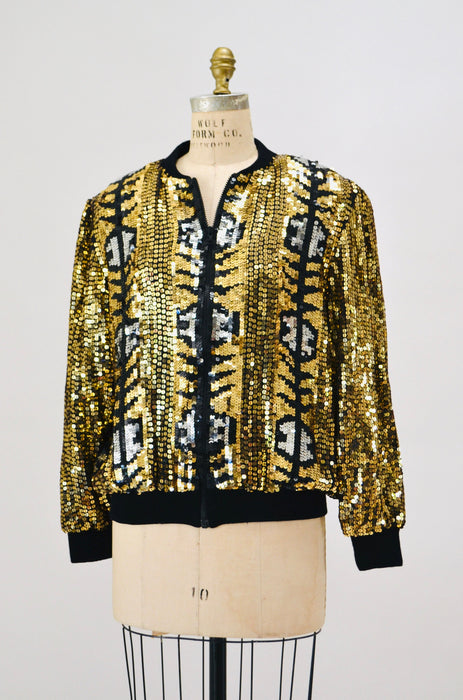 Vintage 80s 90s Gold Sequin Party Bomber Jacket Metallic Jacket Medium large// Vintage 80s 90s Party Metallic Gold Silver Sequin Jacket