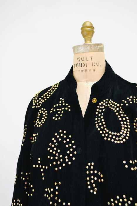 90s Vintage Black Leather Jacket Gold Studded Rhinestone Jacket By Kathrine Baumann  Black Suede 80s Glam LOVE Leather Jacket Medium Large